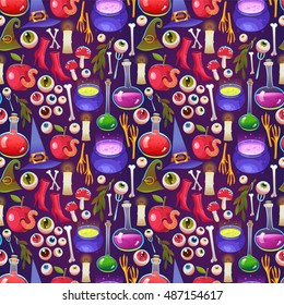 Seamless halloween pattern. Funny background with scary objects. Vector illustration with eyes, potion, spider, bones, apple with worm, witches boots and hat in cartoon style.