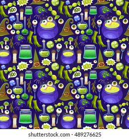 Seamless halloween pattern. Funny background with scary objects. Vector set with eyes, potion, bones, candy, pumpkin, witches hat in cartoon style.