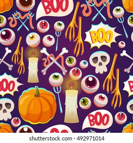 Seamless halloween pattern. Funny background with scary objects. Vector set with eyes, candle, skull, pumpkin, chicken feet, worm, bones in cartoon style.