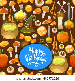 Seamless halloween pattern. Funny background with scary objects. Vector set with eyes, potion, bones, candy, pumpkin, witches hat in cartoon style.
