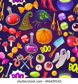 Seamless halloween pattern. Funny background with scary objects. Vector illustration with eyes, potion, spider, bones, bringing, pumpkin, witches boots and hat in cartoon style.