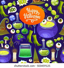 Seamless halloween pattern. Funny background with scary objects. Vector set with eyes, potion, bones, candy, pumpkin, witches hat in cartoon style.