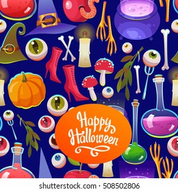 Seamless halloween pattern. Funny background with scary objects. Vector set with eyes, potion, spider, candy, apple with worm, witches boots in cartoon style.