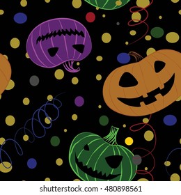 Seamless halloween pattern with funny colorful pumpkins with smiles on bright confetti background. Vetor illustration.