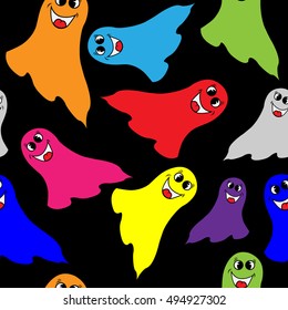 Seamless Halloween pattern with funny colorful ghosts