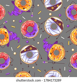 Seamless halloween pattern with funny kawaii sweet spooky donuts. Halloween background. Vector illustration