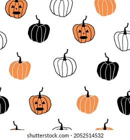 Patrón de Halloween sin foco. calabazas divertidas en un fondo blanco. textura vectorial. impresión de tendencia para textiles, papel pintado y embalaje.