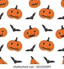 Seamless Halloween pattern: funny pumpkins and bats. Flat style vector image.