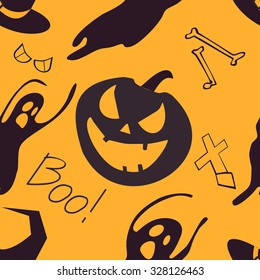 Seamless Halloween pattern with ghost, Jack-o-lantern, bones