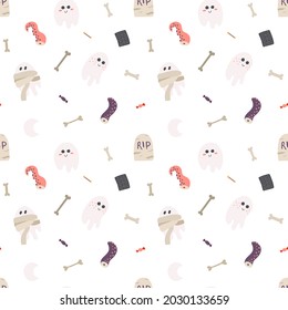 Seamless Halloween pattern with ghost, mummy ghost, bones, headstone and severed tentacle. White background. For prints, backgrounds, wrapping paper, textile, linen, wallpaper, etc. 