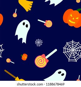 Seamless halloween pattern with ghost, pumpkin, candy and web. Vector illustration. Can be used for wallpaper, pattern fills, textile, web page background, surface textures.