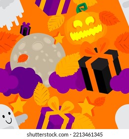Seamless Halloween pattern with Ghost, Pumpkin, Gift box, leaves and Moon with clouds. Vector background, wrapping paper, invitations, greeting cards. Template for advertising, web, social media.