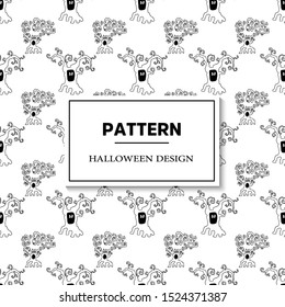 Seamless halloween pattern with ghost, pumpkins, bat and broom. Black and white
