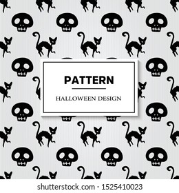 Seamless halloween pattern with ghost, pumpkins, bat and broom. Black and white