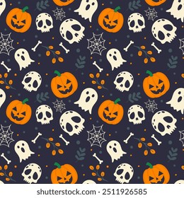 Seamless Halloween Pattern with Ghost, Pumpkins, Skull and Leaves in Dark Theme