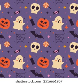 Seamless Halloween pattern with ghost, skull, pumpkin, candy, bat and spider web. Vector pattern