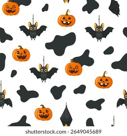 Seamless Halloween pattern with ghost, skull, pumpkin and bats.