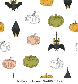 Seamless Halloween pattern with ghost, skull, pumpkin and bats.