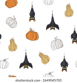 Seamless Halloween pattern with ghost, skull, pumpkin and bats.