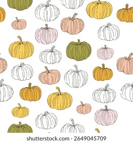 Seamless Halloween pattern with ghost, skull, pumpkin and bats.