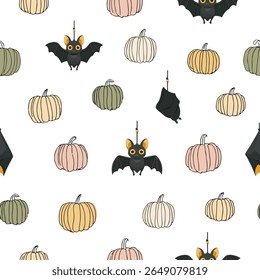 Seamless Halloween pattern with ghost, skull, pumpkin and bats.