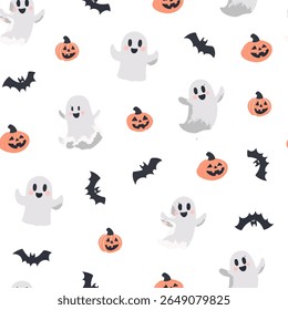 Seamless Halloween pattern with ghost, skull, pumpkin and bats.