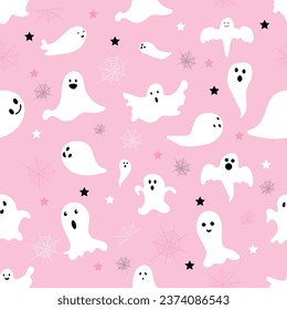 Patrón de Halloween sin inconvenientes con la web fantasma y araña Papel de pared repetitivo de Spooky Funny Halloween monstruos sobre fondo rosa Fiesta de Halloween Regalo envoltorio diseño tela de papel Vector ilustración