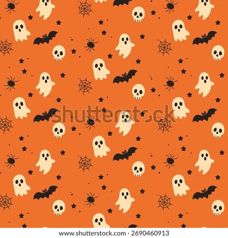 Seamless Halloween pattern with ghost, spider, bat, skull, and cobweb. Spooky and playful flat style design, perfect for wrapping paper, textiles, backgrounds, and festive decorations.