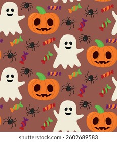 Seamless halloween pattern with ghosts, candy, spiders and pumpkins. Cute spooky background