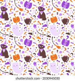 Seamless halloween pattern with ghosts, cats, pumpkins and candies. Vector illustration for the design of postcards, wrapping paper, clothing, decor.