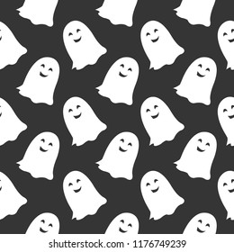 A seamless halloween pattern with ghosts on a black background.