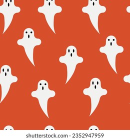 
Seamless halloween pattern with ghosts on orange background.
