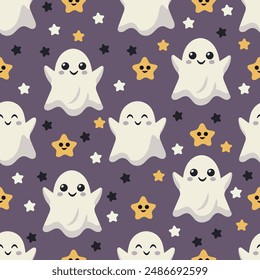 Seamless Halloween pattern with ghosts on a purple background. Suitable for wallpaper, textile prints, covers, digital backgrounds, scrapbooking, etc.