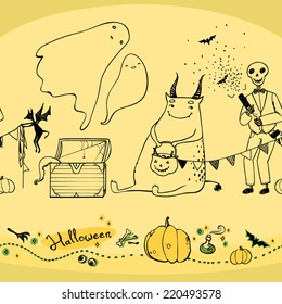 Seamless halloween pattern with ghosts, pumpkins, skeleton and magical attributes