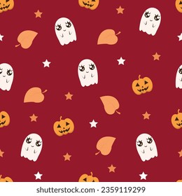  Seamless Halloween pattern with ghosts, pumpkins.