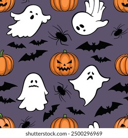 Seamless Halloween pattern with ghosts, pumpkins, bats and spiders on purple background