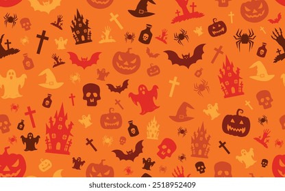 Seamless Halloween Pattern with Ghosts, Pumpkins, Skulls, Bats, Haunted Houses, and Spiders on an Orange Background – Spooky Holiday Design