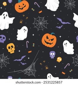 Seamless Halloween Pattern with Ghosts, Spiders, Cobwebs, Skulls on Black Background in Flat Style. Vector