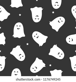 A seamless halloween pattern with ghosts and stars on a black background.