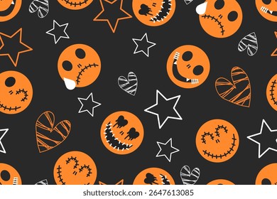 Seamless Halloween pattern with ghosts stars and heart