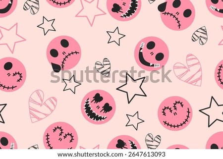 Seamless Halloween pattern with ghosts stars and heart