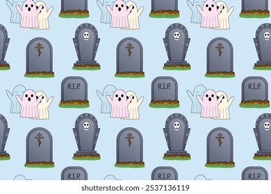 Nahtloses Halloween-Muster mit Geistern, Grabsteinen und RIP-Zeichen auf hellblauem Hintergrund. Perfekt für Halloween Dekor und gespenstische Designs.