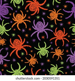 Seamless halloween pattern for girls or boys. Creative vector spooky black background with textured spider. Funny creepy pattern for textile and fabric. Repeat spider, happy halloween.