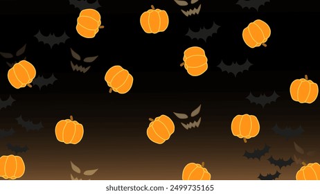 Seamless Halloween pattern with glowing pumpkins, spooky bats, and eerie faces on a dark gradient background, perfect for Halloween-themed designs and decorations.