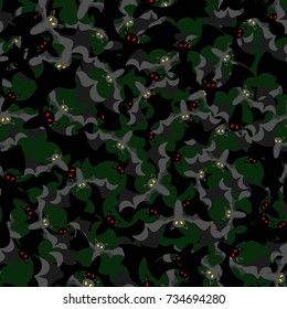 A seamless Halloween pattern with gray and black bats with luminous eyes on a dark green background