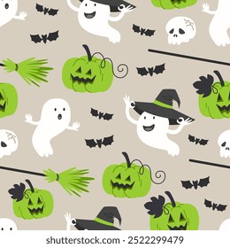 Seamless Halloween Pattern with Green Pumpkin Lanterns and Ghosts
