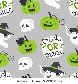 Seamless Halloween Pattern with Green Pumpkins, Skulls, Ghosts and Trick or Treat