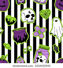 Seamless Halloween pattern in green, violet, black colors with stripes. Trick or treat. Vector Happy Halloween Hand Drawn scary background. Print in Y2K style