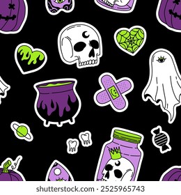 Seamless Halloween pattern in green, violet, black colors. Trick or treat. Print in Y2K style. Vector Happy Halloween Hand Drawn scary background