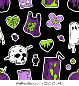 Seamless Halloween pattern in green, violet, black. Happy Halloween vector Hand Drawn background with skull, ghosts, heart, juicy, pumpkin. Trick or treat. Print in Y2K style